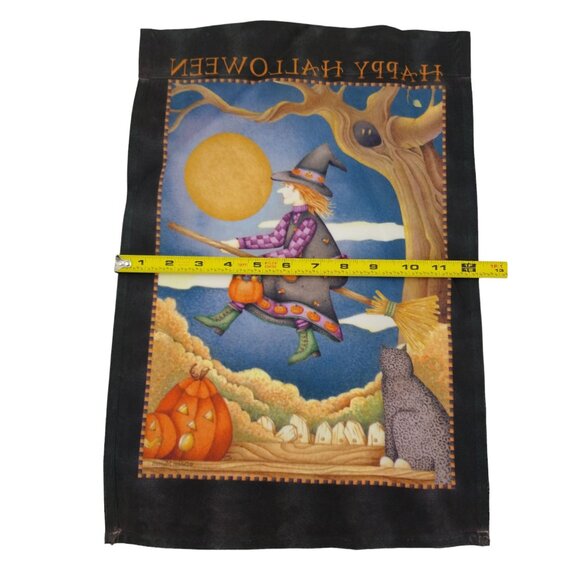 Debbie Mumm Fall Halloween Flag Witch On A Broom, Cat, Pumpkin, Moon - Picture 4 of 4